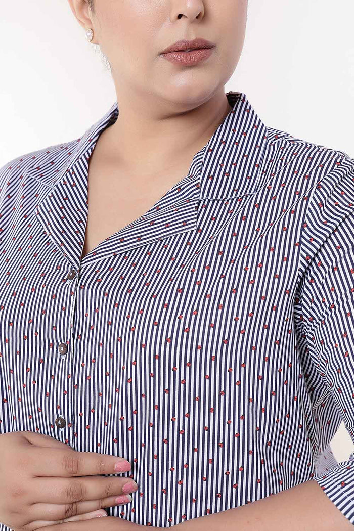 Plus Size Little Beatle Striped Cuban Collar Cotton Shirt