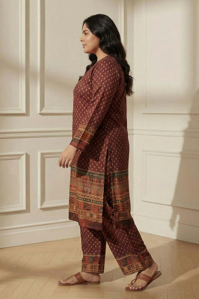 Plus Size Maroon Border Print SnugWeave™ Winter Kurta Coord Set