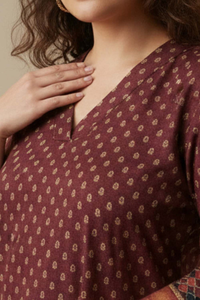 Plus Size Maroon Border Print SnugWeave™ Winter Kurta Coord Set