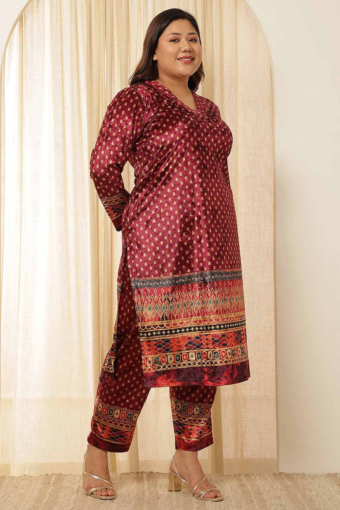 Plus Size Maroon Border Print Velvet Coord Set