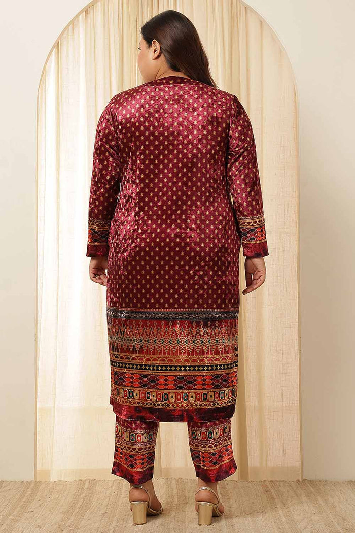 Plus Size Maroon Border Print Velvet Coord Set