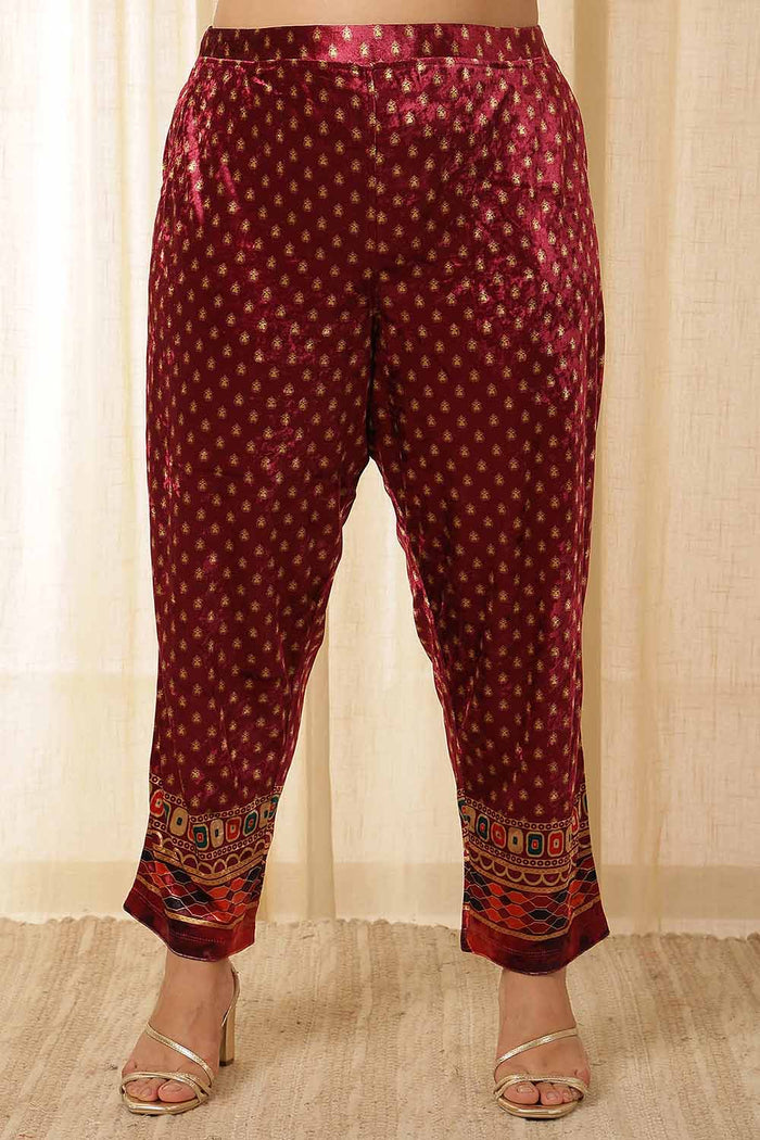 Plus Size Maroon Border Print Velvet Coord Set