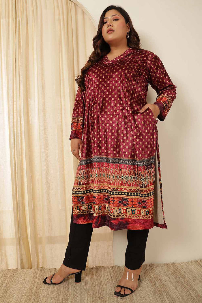 Plus Size Maroon Border Print Velvet Kurta