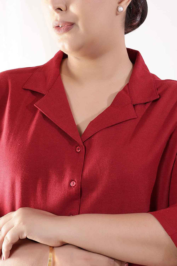 Plus Size Maroon Cotton Linen Cuban Collar Shirt