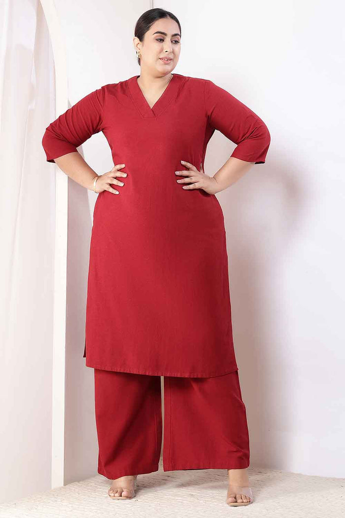 Plus Size Maroon Cotton Linen Kurta Coord Set