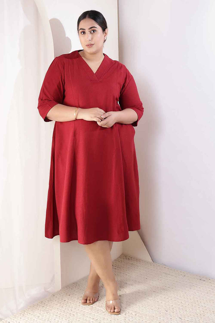 Plus Size Maroon Cotton Linen Midi Dress