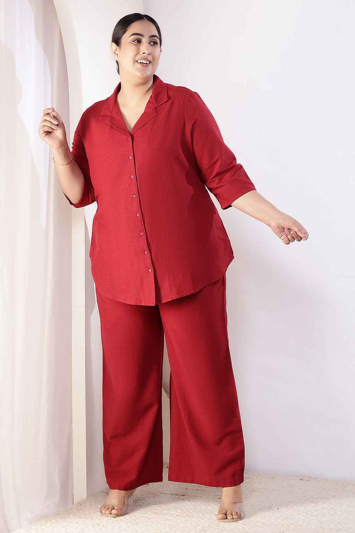 Plus Size Maroon Cotton Linen Shirt Coord Set
