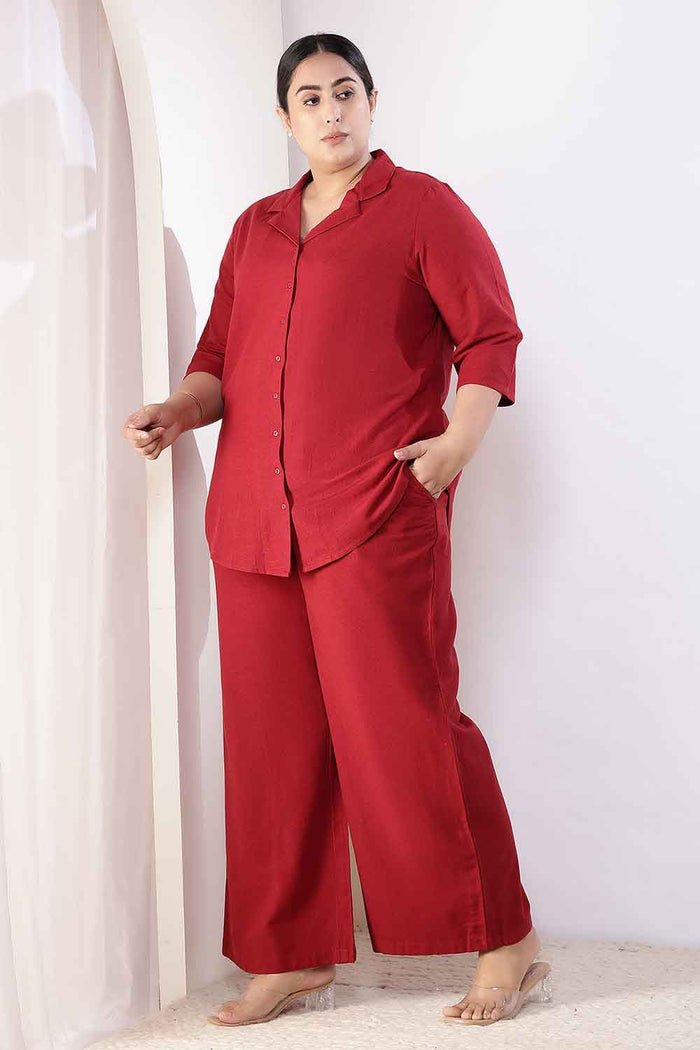 Plus Size Maroon Cotton Linen Shirt Coord Set