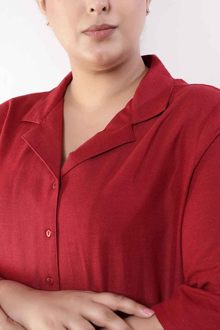 Plus Size Maroon Cotton Linen Shirt Coord Set