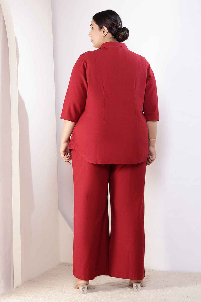 Plus Size Maroon Cotton Linen Shirt Coord Set
