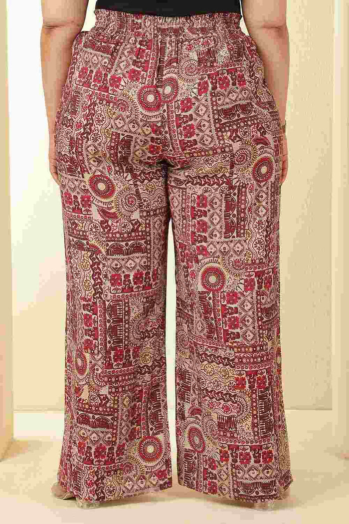 Plus Size Maroon Ethnic Print Rayon Muslin Kurta Coord Set