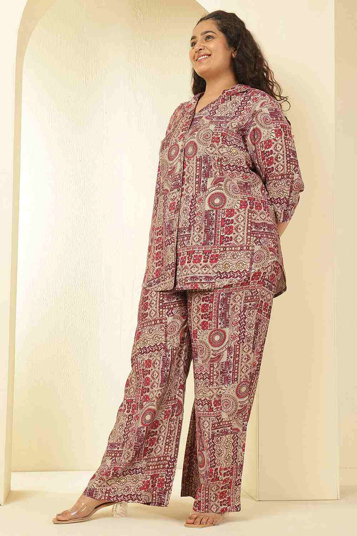 Plus Size Maroon Ethnic Print Rayon Muslin Shirt Coord Set