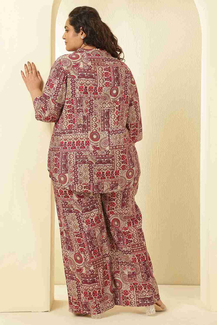 Plus Size Maroon Ethnic Print Rayon Muslin Shirt Coord Set