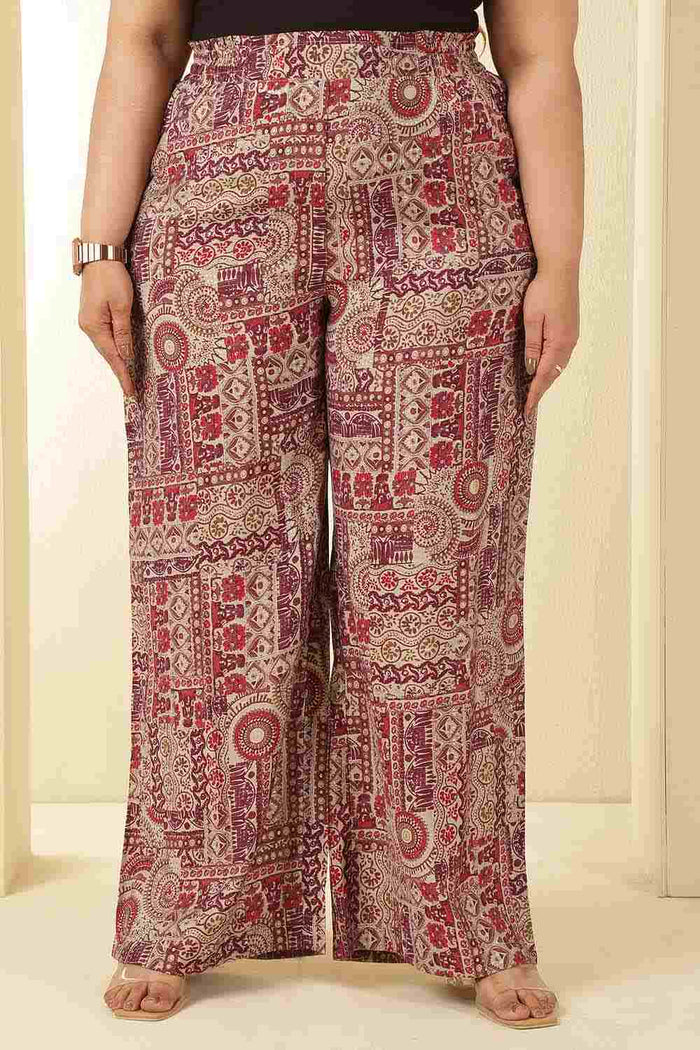 Plus Size Maroon Ethnic Print Rayon Muslin Shirt Coord Set