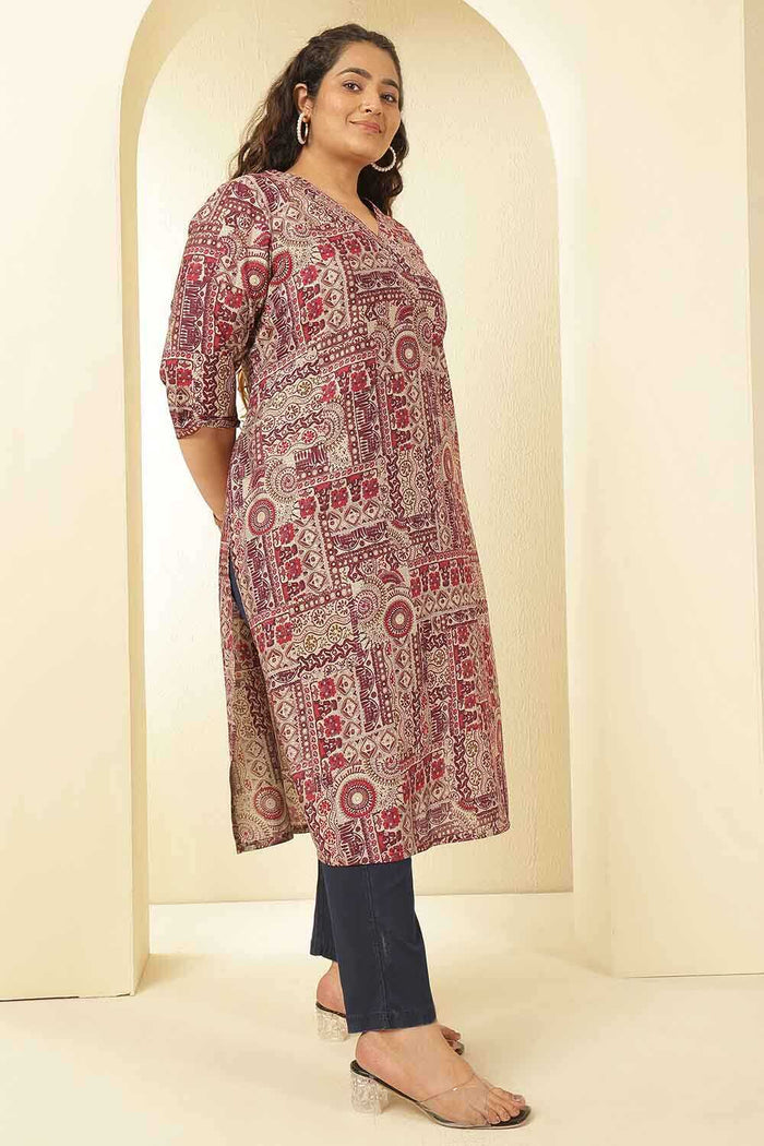 Plus Size Maroon Ethnic Print V-Neck Rayon Muslin Kurta