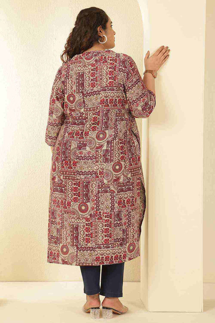 Plus Size Maroon Ethnic Print V-Neck Rayon Muslin Kurta