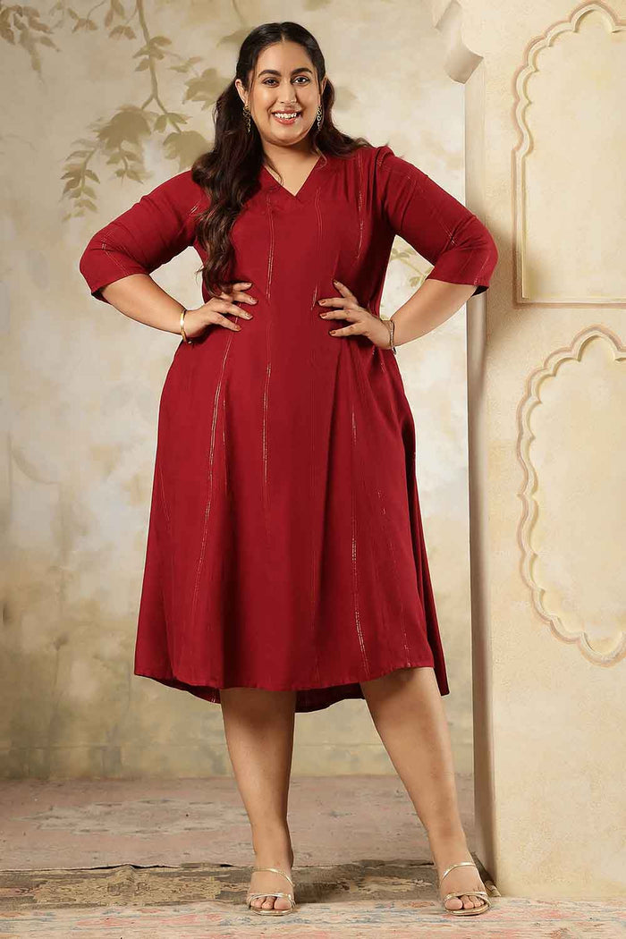 Plus Size Maroon Golden Pin Striped Midi Dress