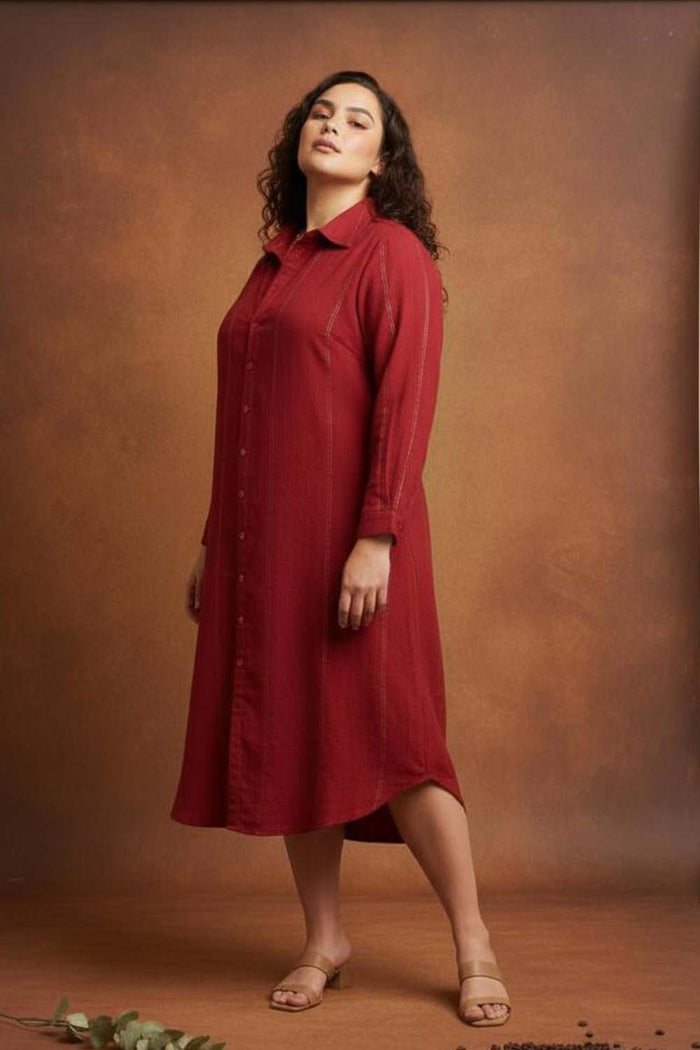 Plus Size Maroon Golden Pin Striped Shirt Dress