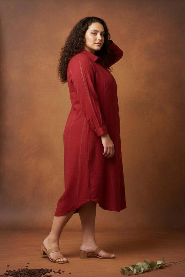 Plus Size Maroon Golden Pin Striped Shirt Dress