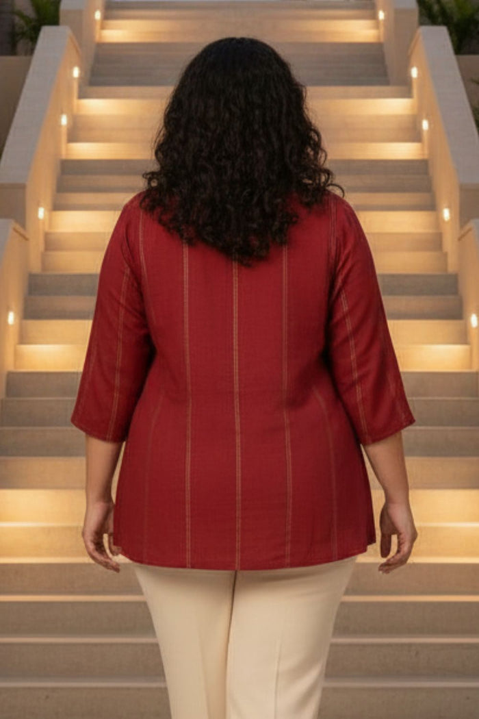 Plus Size Maroon Golden Pin Striped V-Neck Top
