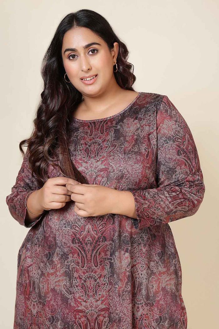 Plus Size Maroon Paisley Round Neck SnugWeave™ Winter Kurta