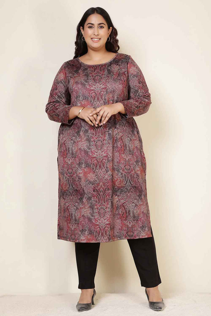 Plus Size Maroon Paisley Round Neck SnugWeave™ Winter Kurta