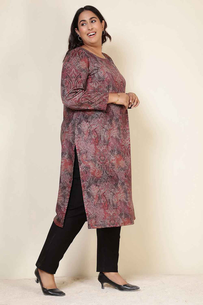 Plus Size Maroon Paisley Round Neck SnugWeave™ Winter Kurta