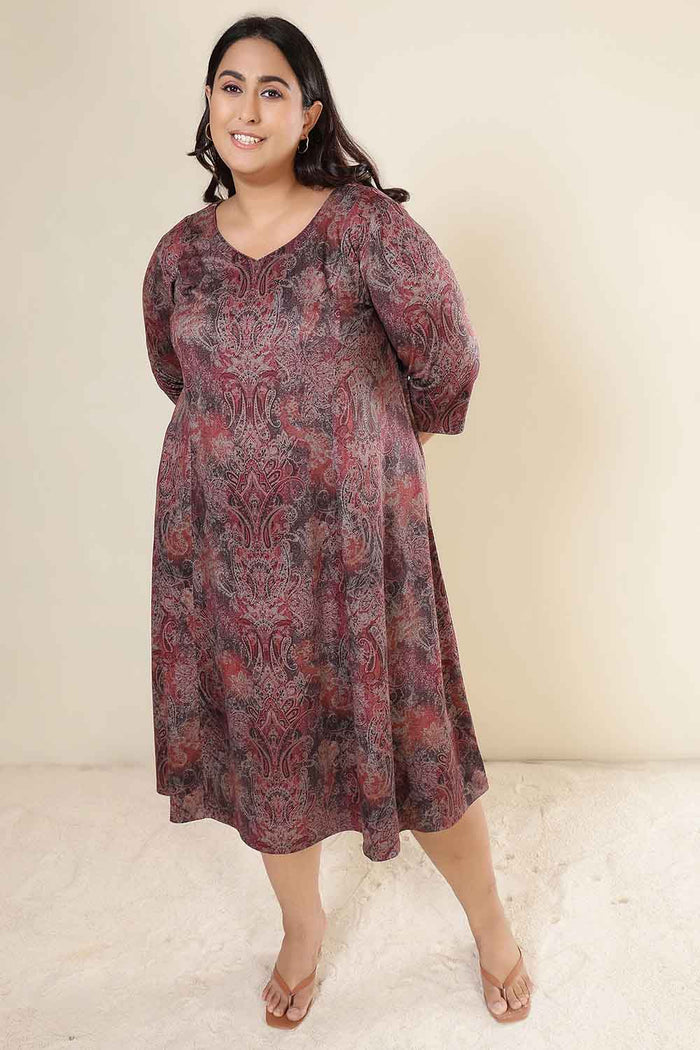 Plus Size Maroon Paisley SnugWeave Winter Dress