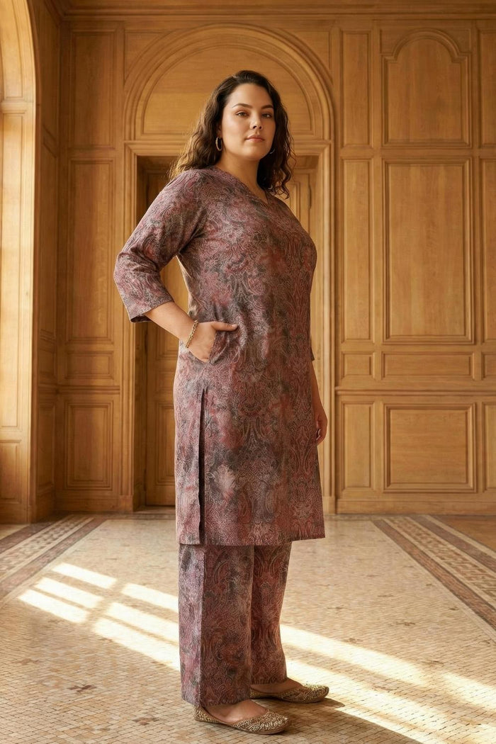 Plus Size Maroon Paisley SnugWeave™ Winter Kurta Coord Set