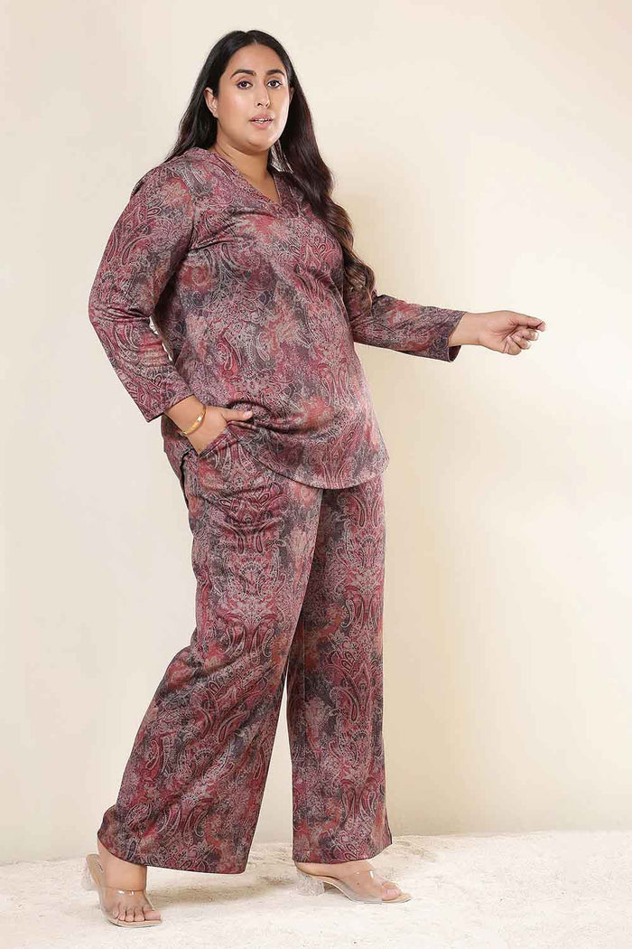 Plus Size Maroon Paisley SnugWeave™ Winter Top Coord Set