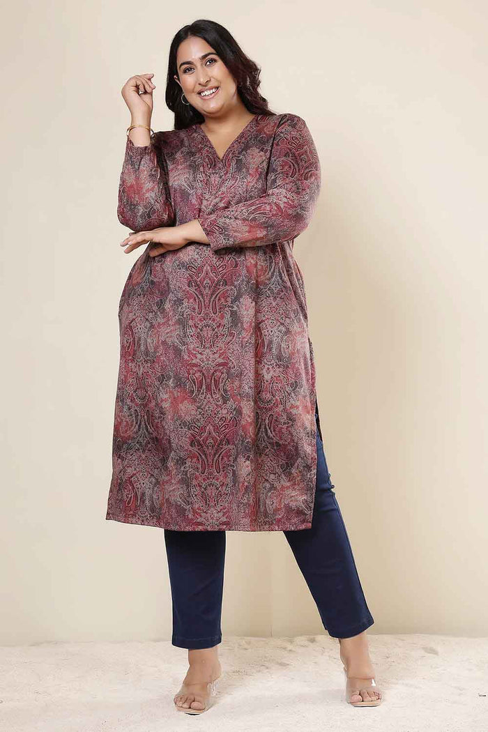 Plus Size Maroon Paisley V Neck SnugWeave™ Winter Kurta