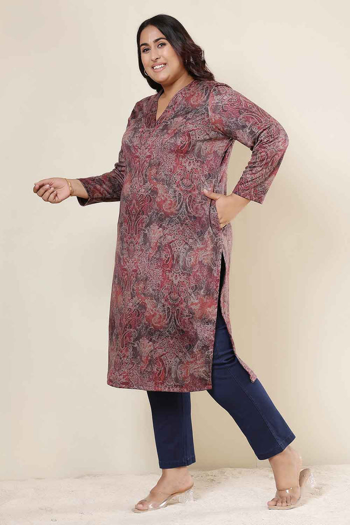Plus Size Maroon Paisley V Neck SnugWeave™ Winter Kurta