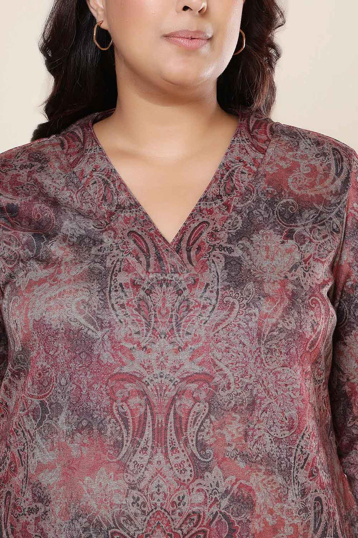 Plus Size Maroon Paisley V Neck SnugWeave™ Winter Kurta