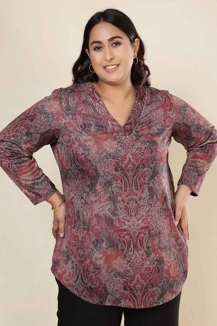 Plus Size Maroon Paisley  V Neck SnugWeave Winter Top