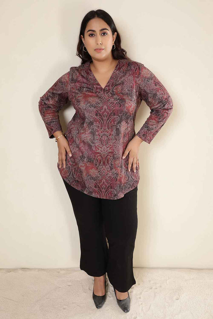 Plus Size Maroon Paisley  V Neck SnugWeave Winter Top