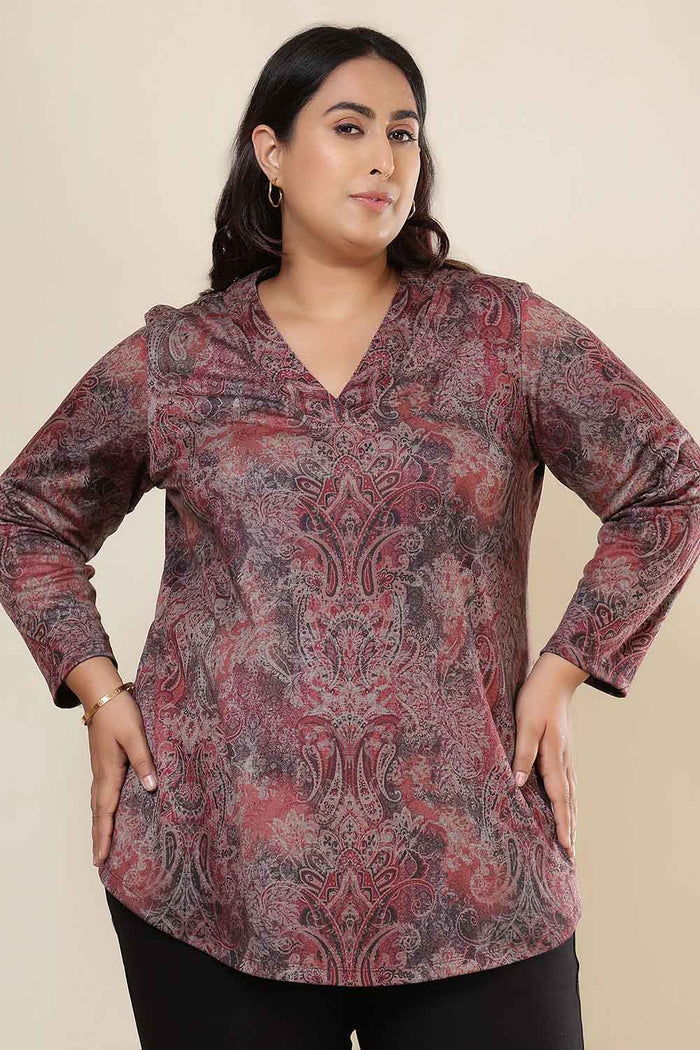 Plus Size Maroon Paisley  V Neck SnugWeave Winter Top