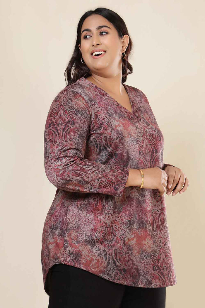 Plus Size Maroon Paisley  V Neck SnugWeave Winter Top
