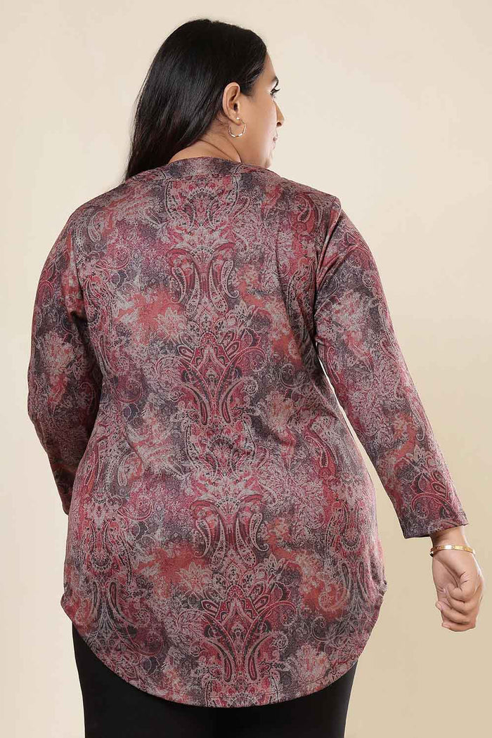 Plus Size Maroon Paisley  V Neck SnugWeave Winter Top