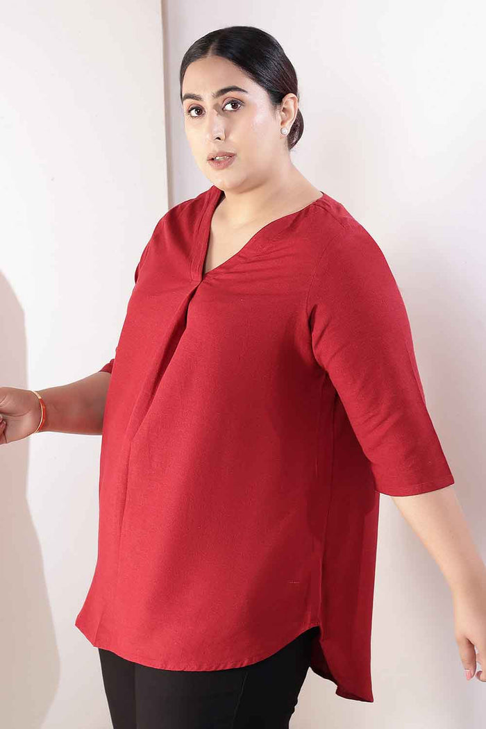 Plus Size Maroon V-Neck Cotton Linen Top