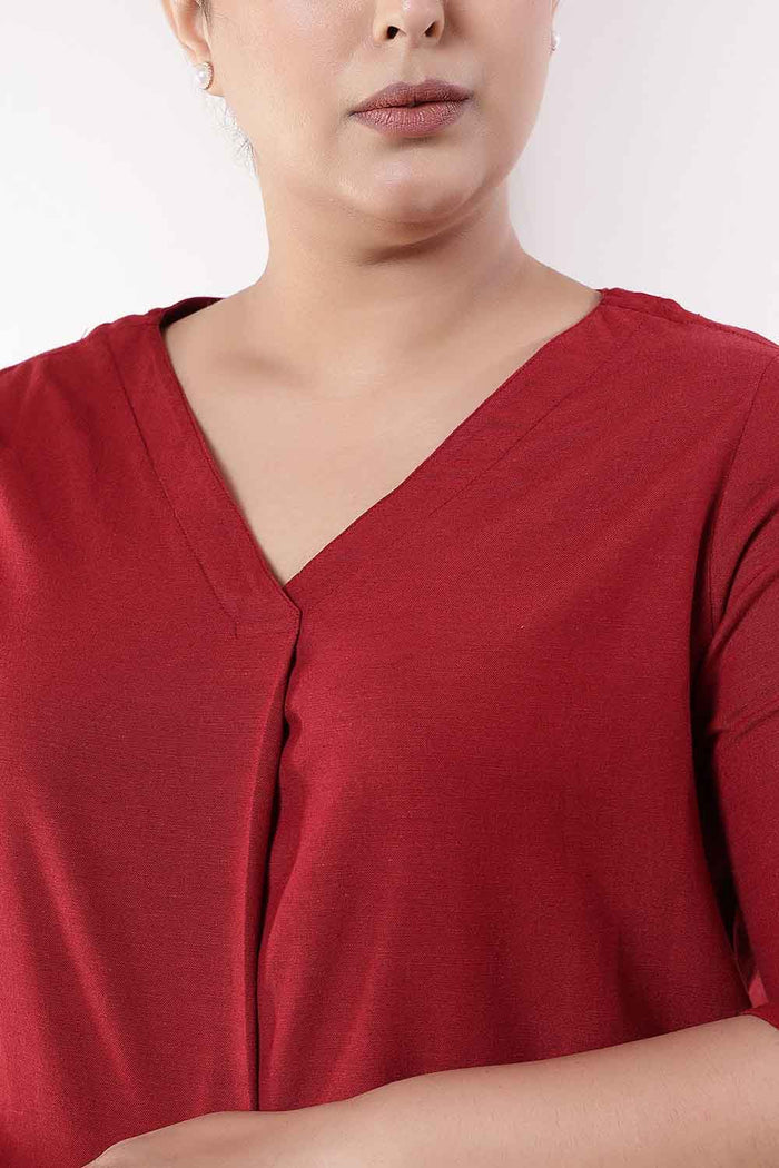 Plus Size Maroon V-Neck Cotton Linen Top