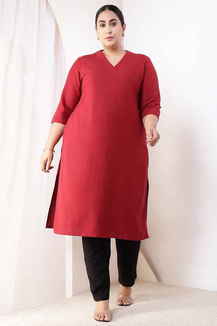 Plus Size Maroon V-Neck Cotton Linen V Neck Kurta