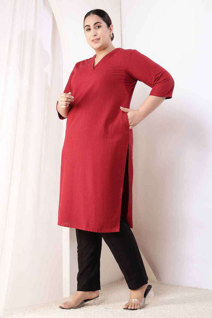 Plus Size Maroon V-Neck Cotton Linen V Neck Kurta