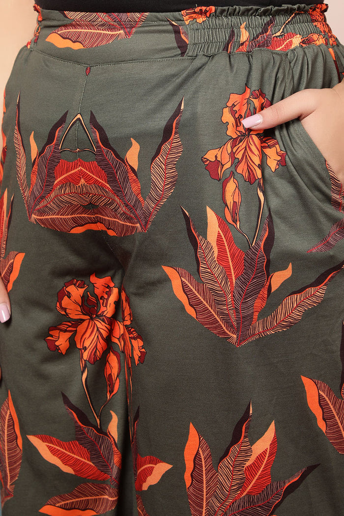 Plus Size Marsh Green Leaf Print Coord Set