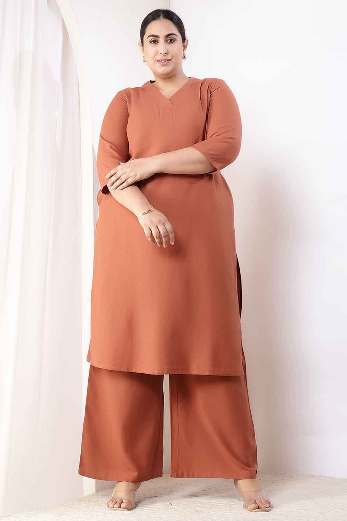 Plus Size  Mocha Brown Cotton Linen Kurta Coord Set