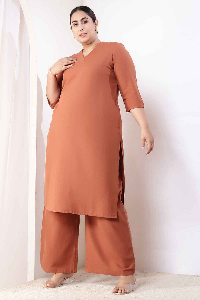 Plus Size  Mocha Brown Cotton Linen Kurta Coord Set