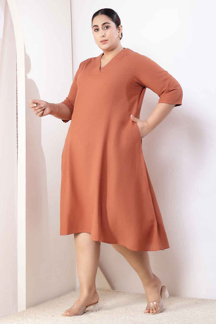 Plus Size  Mocha Brown Cotton Linen Midi Dress