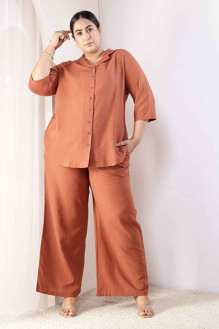 Plus Size  Mocha Brown Cotton Linen Shirt Coord Set