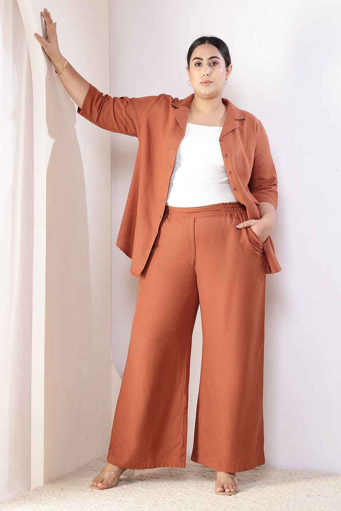 Plus Size  Mocha Brown Cotton Linen Shirt Coord Set