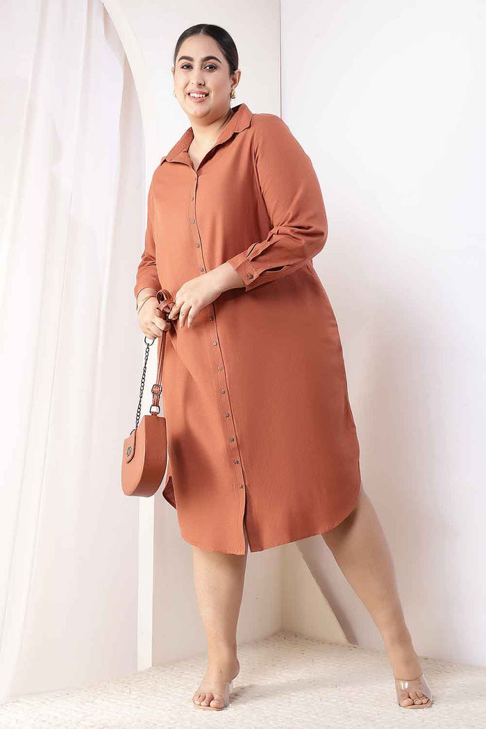 Plus Size  Mocha Brown Cotton Linen Shirt Dress
