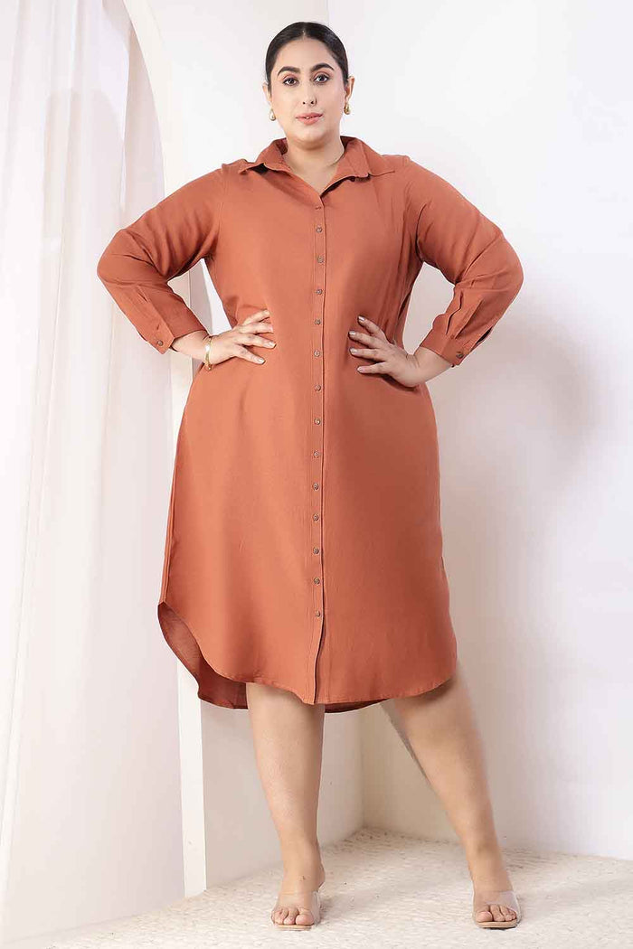 Plus Size  Mocha Brown Cotton Linen Shirt Dress